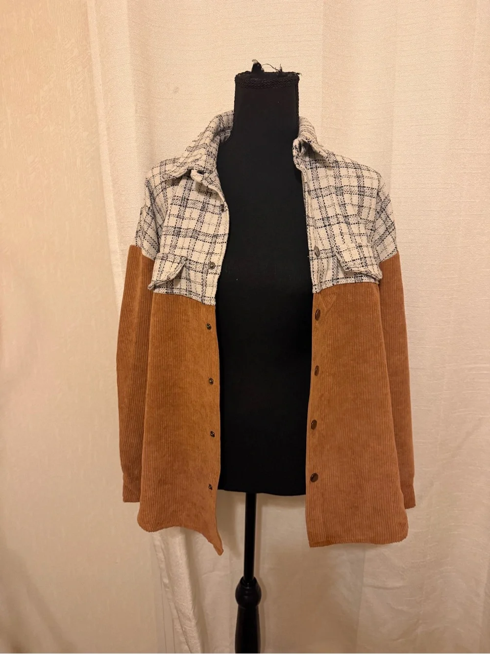Two-Tone Plaid Yoke Corduroy Utility Jacket in Cream and Brown